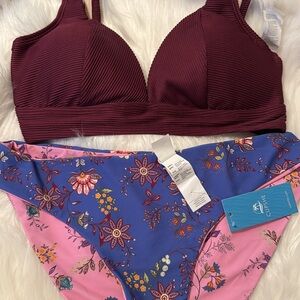Cupshe NWT M BURGUNDY TOP & M PURPLE PINK FLORAL REVERSIBLE BIKINI BOTTOMS
